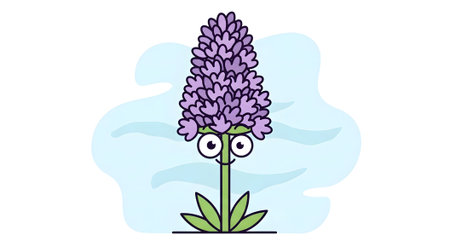 A colorful cartoon illustration of a lilac flower with green leaves against a light sky background.の素材