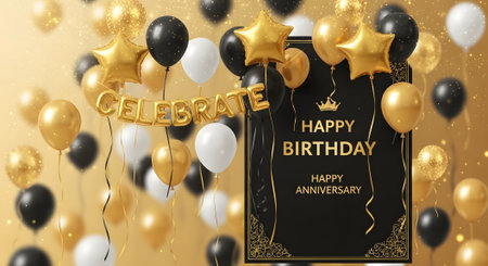 Festive birthday party setup with black, gold, and white balloons and a stylish birthday card for celebration.の素材
