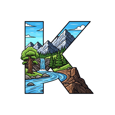 A creative illustration of the letter K showcasing a beautiful mountain landscape with trees and a river.の素材