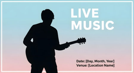 Promotional poster featuring a silhouette of a guitarist with live music text, ideal for concerts, music festivals, and entertainment events.の素材