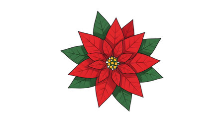 A vibrant poinsettia flower with red petals and green leaves, symbolizing holiday cheer and festive decoration.の素材