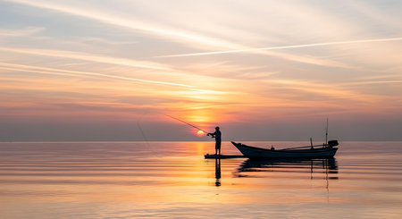 A breathtaking sunset paints the sky with warm hues of orange and pink, reflecting on the tranquil surface of the water.の素材