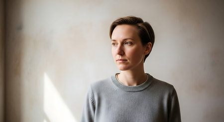A pensive woman with short, dark hair gazes thoughtfully to the side, illuminated by a beam of sunlight in a subtly textured room, conveying a sense of quiet contemplation.の素材
