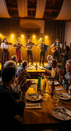 A group of musicians performs traditional folk music with instruments like violins, accordions, and guitars, while dancers entertain a seated audience in a warmly lit restaurant setting.の素材