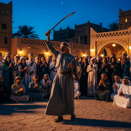 A captivating scene unfolds at night as a man in traditional attire performs an Arabian sword dance, holding a sword high in the air.の素材