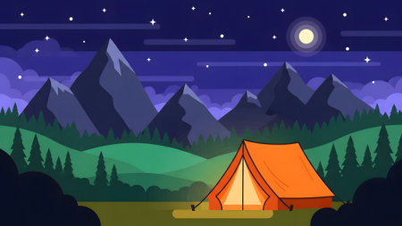 A vibrant illustration captures the peaceful ambiance of a camping trip, with an orange tent glowing under a starlit sky and a full moon illuminating majestic mountains and lush forests.のイラスト素材