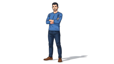 A full body portrait of a confident man with a beard and short hair, wearing a blue long-sleeved...