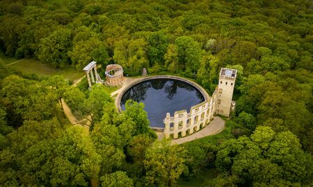 Ruinenberg, a hill in the Bornstedt borough of Potsdam. aerial photography of artificial ruins of...