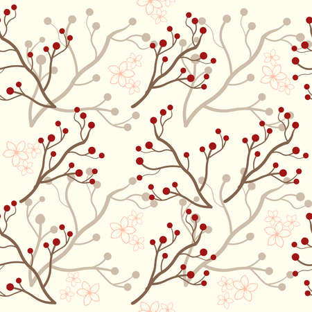 Doodle floral vector pattern. Seamless backgrounds with hand drawn flowers, branches and berries. Graphic design. Great for textile, wallpaper, templateのイラスト素材