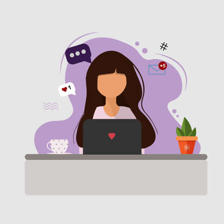 Woman working at laptop, a cup of coffee, lap top and plant on the table. Businesswoman. Colorful vector illustration in flat cartoon style.のイラスト素材