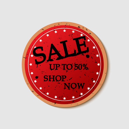 Discount Stamp Grunge Sale up to 50% Sticker Design. Shopping Badge. Icon Isolated.Dirty artistic design elements. Black text on red with white stars.のイラスト素材