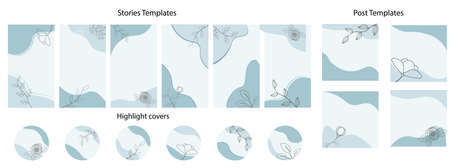 Vector set of abstract botanical backgrounds - banners with flowers, shapes and leaves. Blue. Line art design. Suitable for wallpapers, posters, social media stories, highligts and posts templates.のイラスト素材