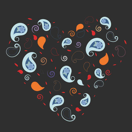 Greeting card or template with colorful paisley ornament on black background. Heart shape. Vector illustration. Suitable for cover copybook, t-shirt print,のイラスト素材