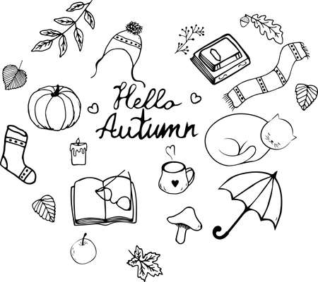 Autumn icons set: falling leaves, pumpkin, candle, mug, book, glasses, knitted socks, cute cat and other. Fall season elements great for scrapbook, card, poster, sticker kit. Vector illustration.のイラスト素材