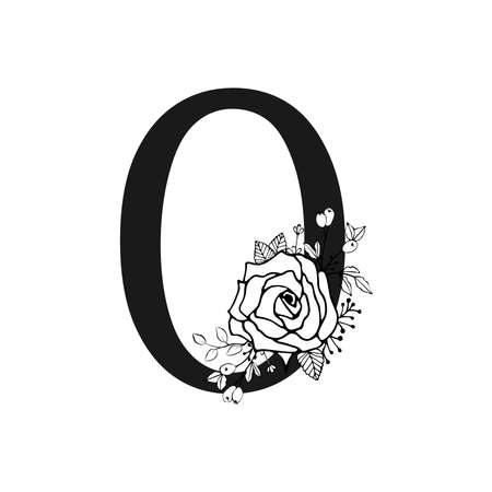 Hand drawn floral number zero monogram and logo design in doodle style with rose, lavender, berries and leaves on transparent background. Black linear vector illustration.のイラスト素材
