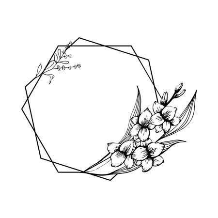 Hand drawn gladiolus flower and laveneder geometric frame in cute doodle style. Luxury vector llustration for postcard, wedding invitations, birthday, print, thank you card. Copy space for text.のイラスト素材
