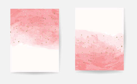 Pink watercolor with gold dust confetti. Vector illustration for wedding and birthday invitation design cards. Copy space for text.のイラスト素材
