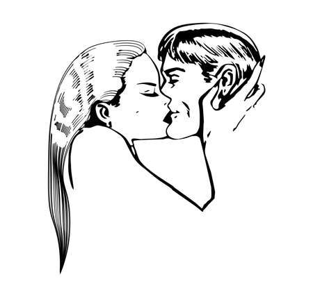 Hand drawn man kiss woman. Love for print, contemporary vector in doodle style. Isolated on transparent background.のイラスト素材
