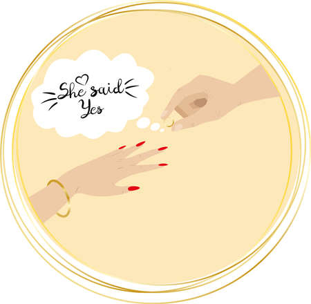 A man puts a golden ring on a girl's finger. She said Yes - black quote. Man and woman hands. Golden rings for greeting cards, gift tags, labels, wedding sets. Groom and bride design. Bachelorette parのイラスト素材
