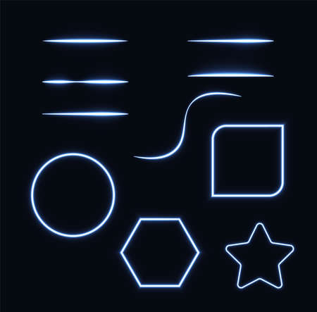 Neon brushes set. Set of light objects like lines, circle, star, square, hexagon.のイラスト素材