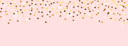 Gold hearts confetti isolated on pink background. Vector illustration. Falling golden hearts with bokeh and sparkles for party decoration, birthday celebrate, banner, anniversary. Festival decor.のイラスト素材