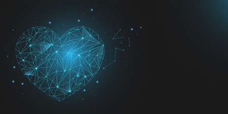 Blue low poly heart shape with lights on dark background. Elegant blank banner with realistic heart. Vector illustration for poster, cover, sale, wedding, Valentines card without text. abstract love.のイラスト素材