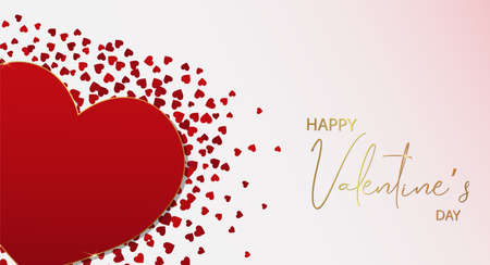 Gold and red heart shape, paper confetti on white background. Elegant blank poster with realistic...