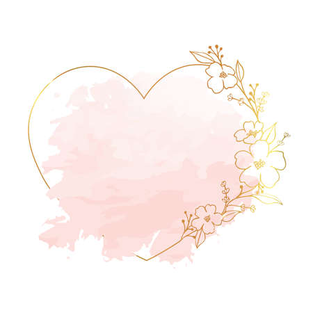 Hand drawn gold poppy flower heart frame in cute doodle style on pink watercolor.Luxury vector llustration for postcard, wedding invitations, birthday, print, thank you card. Copy space for your text.のイラスト素材
