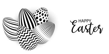Happy Easter black typographic calligraphic lettering with realistic black and white eggs isolated. Elegant poster with text. Vector illustration for banner, cover, sale, greeting card.のイラスト素材