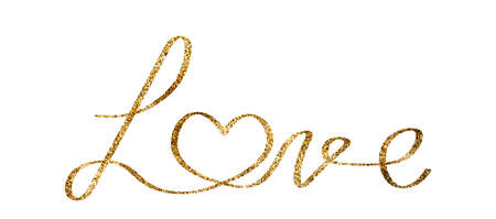 Art line continuous Love text and heart icon with sparkle glitter texture isolated on white...