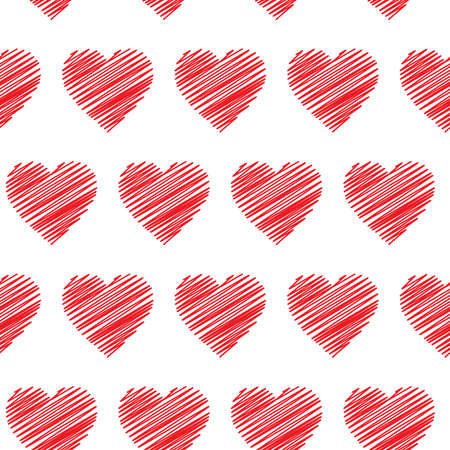 Red scribble hearts seamless pattern on white background. Fashion love graphics design. Valentine day print concept. Vector illustration for fabric, cover, package, wrapping paper, textile.のイラスト素材
