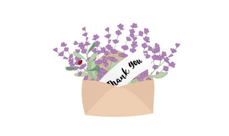 Vintage open light brown envelope with hand drawn lavender flowers and ladybug with quote thank you. Cute stock vector illustration in simple cartoon style. thank you card.のイラスト素材