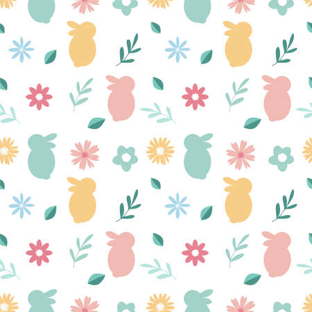 Easter simple seamless pattern with bunny, flowers and leaves isolated on white background. Vector...