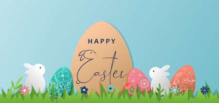 Paper cut out art with bunnies, flowers, grass border, ornate eggs isolated on blue background. Vector illustration for social media, banner, cover, sale and more. Happy Easter text. copyspace.のイラスト素材