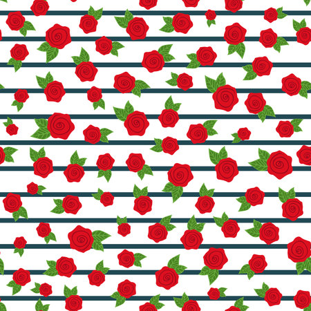 Hand drawn red rose with green leaves and stripes seamless pattern isolated on white background. Vector illustration for textile, fabric, invitation and more.のイラスト素材