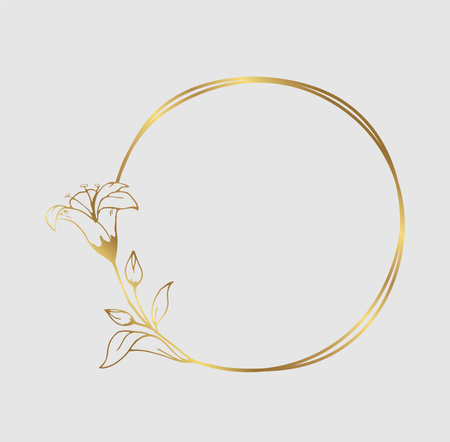 Hand drawn golden lily flower round wreath in cute doodle style. Luxury elegant vector illustration for postcard, wedding invitations, birthday, quotes, thank you card, cosmetics. Copy space for text.のイラスト素材