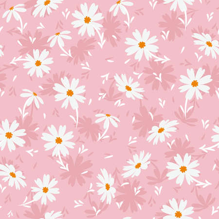 White doodle chamomile or daisy flowers isolated on pink background. Hand drawn floral seamless pattern vector illustration. Great for textile, paper, baby girl, fabric, gift wrap and more.のイラスト素材