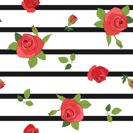 Hand drawn cartoon red rose with green leaves and black stripes seamless pattern isolated on white background. Vector illustration for textile, fabric, dress print, invitation and more.のイラスト素材