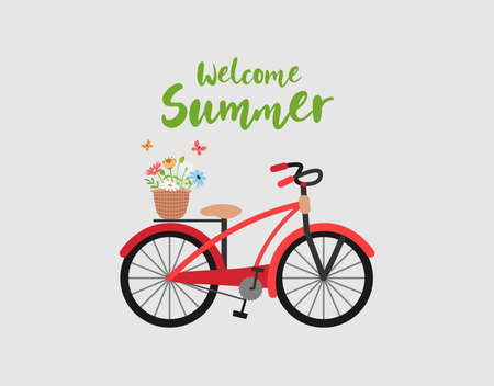 Welcome Summer quote. Bicycle with flowers and butterflies on gray background. Vector illustration...