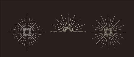 White hand drawn sunburst set on dark background. Circle and semicircle shapes frame. Vector...