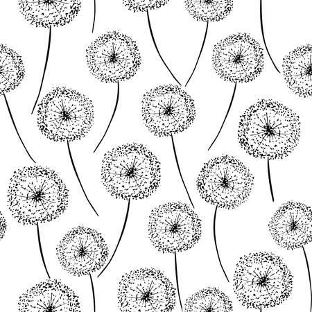Hand drawn black flying dandelions in cute doodle style seamless pattern. Vector illustration for fabric, textile, paper, card design or baby clothings.のイラスト素材