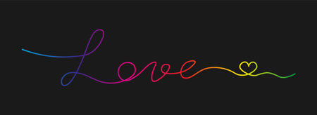 Written line art continuous love text with heart shape in red neon style design. Vector glowing abstract background for banner, cover, sale, Valentines card.のイラスト素材