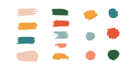 Pastel colorfull ink borders, brush strokes, stains, banners, splatters, blots isolated and grouped on white background. Vector collection of hand drawn grunge elements, shapes.のイラスト素材