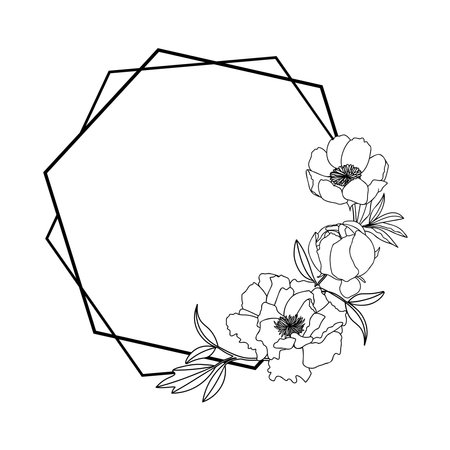 Hand drawn black peony flower and hexagon frame in cute doodle style on white background. Luxury vector llustration for postcard, wedding invitations, birthday, quotes, thank you card. copy spaceのイラスト素材