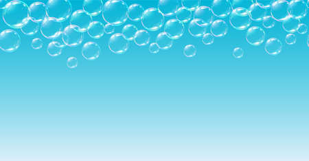 Realistic soap bubbles on blue gradient background seamless horizontal pattern. Vector illustration for shampoo, a foam party, decoration, cover, banner, sale.のイラスト素材