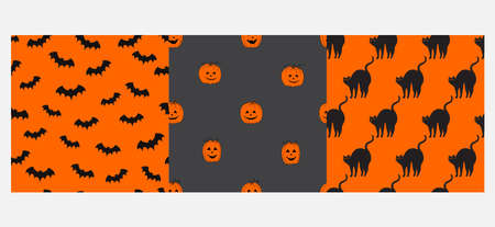Cute Halloween seamless pattern collection on gray and orange background. Vector illustration for fabric, cover, package, wrapping paper, textile, for kids.のイラスト素材