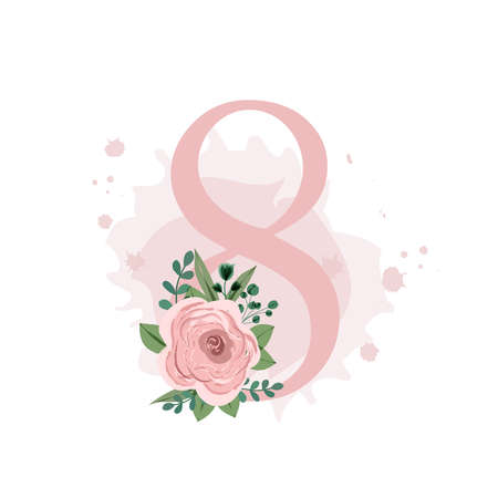 Number eight decorated with pink rose, leaves and watercolor splash isolated on white background. Vector illustration for birthday, wedding invitation, Woman's day, wedding table numbers and much moreのイラスト素材