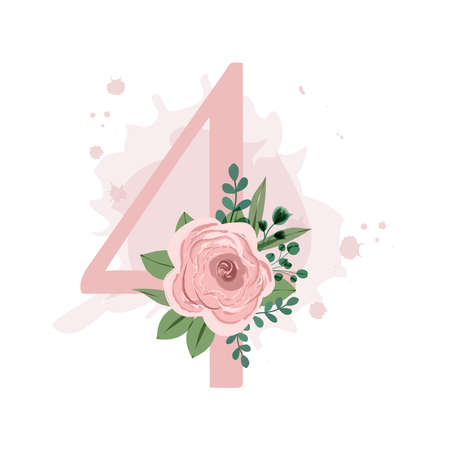 Number four decorated with pink rose, leaves and watercolor splash isolated on white background. Vector illustration for birthday, wedding invitation, wedding table numbers and much more.のイラスト素材