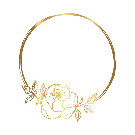 Hand drawn golden peony flower round wreath in cute doodle style. Luxury elegant vector illustration for postcard, wedding invitations, birthday, quotes, thank you card, cosmetics. Copy space for textのイラスト素材