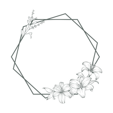 Hand drawn dark green lily flower polygonal frame and lavender on white background. Luxury vector illustration for postcard, wedding invitations, birthday, quotes, thank you card, mother's day.のイラスト素材